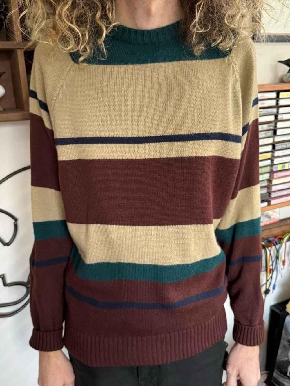 Vintage 80s Wrangler Earthy Striped Crewneck Sweater Grunge ~ Size Large